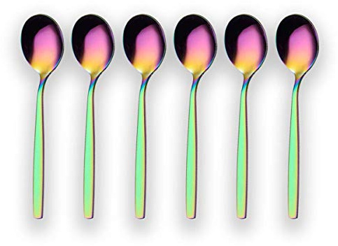 Berglander Rainbow Teaspoon, Stainless Steel Tea Spoon Dessert Spoon With Titanium Colorful Plating 6.5 Inches Pack of 6