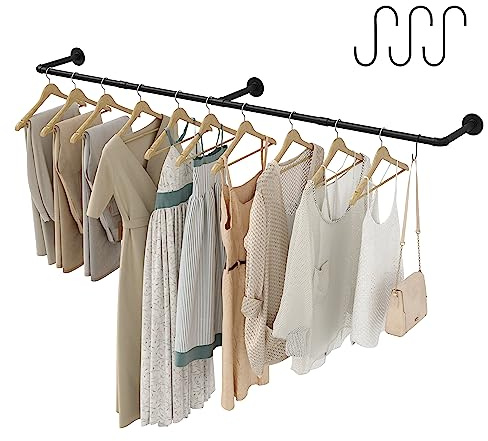 Crehomfy Industrial Pipe Clothes Rack with 3 Hooks, 72’'L Wall Mounted Garment Rack, Heavy Duty Iron Garment Bar, Clothes Hanging Rod Bar for Laundry Room, Max Load 135Lb Black (3 Base)