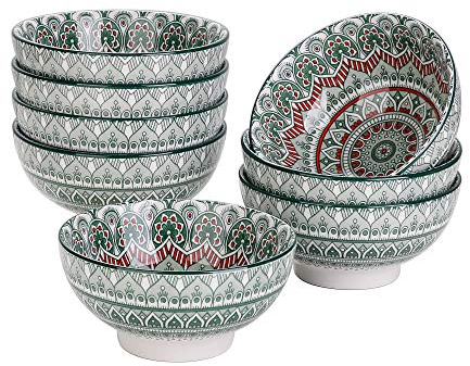 vancasso Serie Mandala Set di Ciotole per Cereali 8 Pezzi Servizio di Ciotole per Gelato Servizio Combinato di Stile Bohémien per 8 Persone Scodelle Coppette Ø 15 cm Colore Vintage Verde