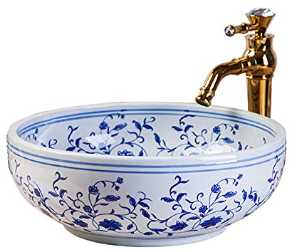 Blue and White Ceramic Bathroom Bar Vanity Vessel Sinks Above Counter Round Bowl Hand Painted Countertop Sink Art Basin Without Faucet Jingdezhen