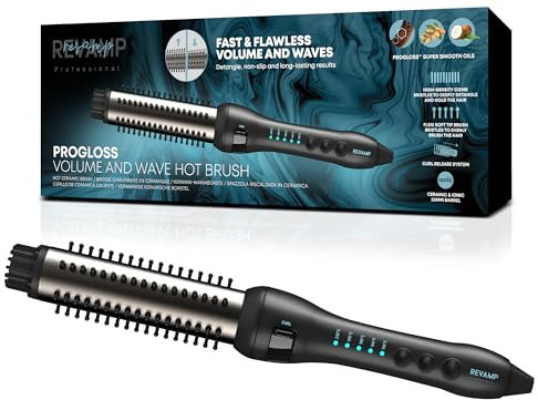 REVAMP Volume and Wave Ceramic Hot Brush Styler - 32 mm Round Barrel Hair Brush, Ionic, Progloss Oils, Long Lasting Bounce - Fast Heat, Retractable Cool Bristles, Snag Free Styling