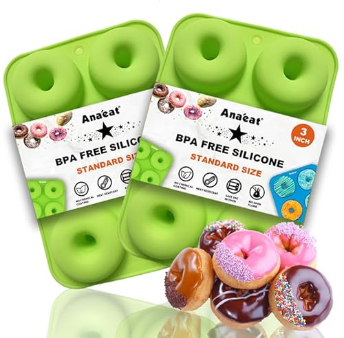 Anaeat 2 Pack Donut Pan Silicone Baking Mold, Just Pop Out! Non-Stick Doughnuts Baking Pans BPA Free for 6 Full-Size Donuts, Muffins, Cake Biscuit Bagels - Easy Clean, Oven, Dishwasher Safe (Green)