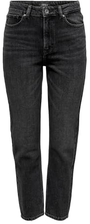 ONLY Jeans med rak passform för kvinnor ONLEMILY hög midja rakt skurna jeans, Svart denim, 25W / 32L