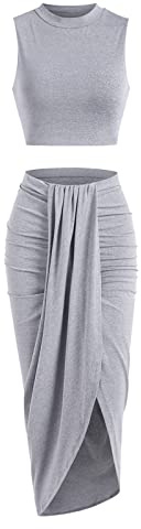 ZAFUL Women's Solid Marled Crop Top and Draped Ruched Maxi Skirt Set Two Piece Dress (B-Gray, M)