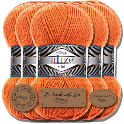 Hobby YARN 3x Etikettenlabel mit Alize Superlana Midi Wolle Premium 5x100g als Set, Yarn, Garn, Strickgarn, Einfarbig, Baby, zum Häkeln, Stricken, Kleidung, Schals (Orange | 225)