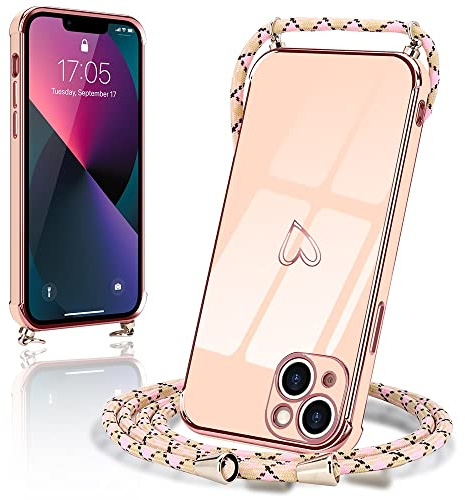 Micoden Handykette für iPhone 13 Hülle Necklace mit Band Herz Design | Kameraschutz Handyhülle Herz Design Galvanik Dünn Silikon Case Bumper Kordel zum Umhängen Stoßfeste Schutzhülle, Rosa