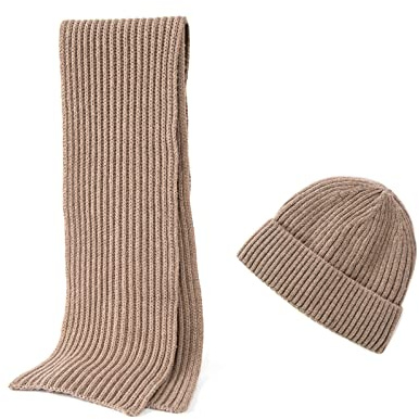 Embouro Wintermütze und Schal aus Merinowolle für Herren, warme Strickmützen, lange Schals für Damen und Herren (Kaffee)