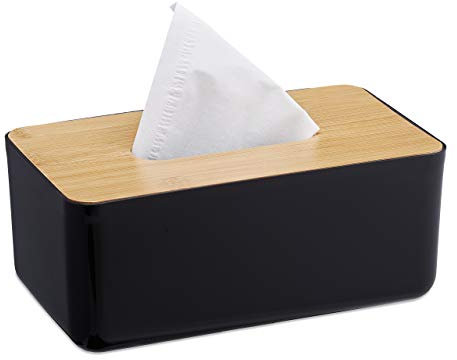 Relaxdays 4 x Taschentuchbox, nachfüllbar, Badezimmer, Tücherbox, Bambus-Deckel, Kunststoff, HBT: 10x23x13 cm, schwarz/Natur