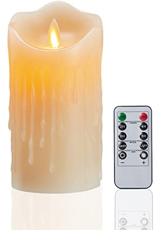 LED Kerzen, LED Echtwachs Kerzen mit Wachstropfen, 10cm Batteriebetriebenes Kerzen, Halloween Kerzen, Flammenloses Kerzen mit 10 Tasten Fernbedienung&24 Stunden Timer Funktion Tanzende Flamme-Warmweiß