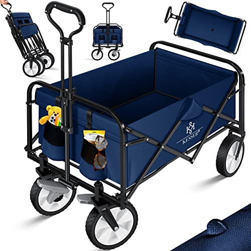 KESSER® Bollerwagen faltbar Handwagen Transportkarre max. 150kg Tragkraft & 360° PVC-Reifen Gerätewagen inkl. 2 Netztaschen, Seitentasche & Abdeckung Transportwagen Gartenanhänger ohne Dach, Blau