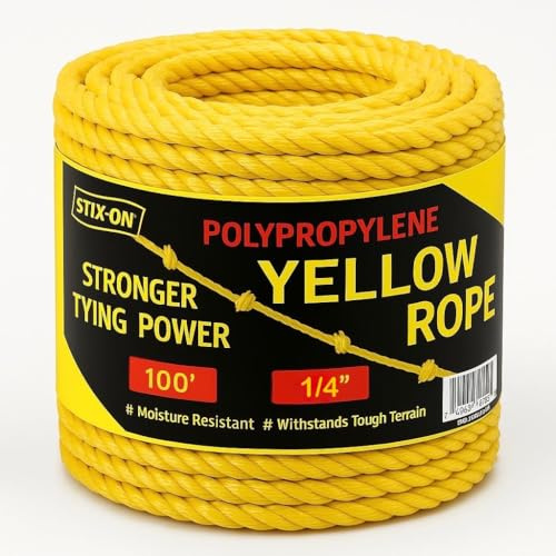 Polypropylene Rope 100Ft – 1/4 Inch Twisted Nautical Cord – Oil Resistant Yellow Heavy Duty Line Ideal for Boats, Dock – Increased Friction and Heat Resistance – High Tensile Strength Marine Cable