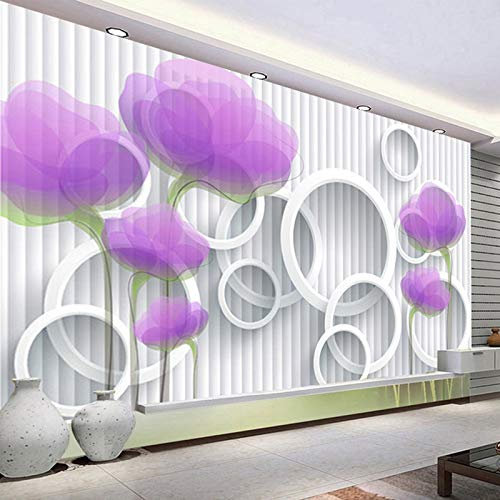Fototapete 3D Effekt Tapete Weiße Kreise & Lila Blumen Vliestapete 3D Tapeten Wanddeko Wandbilder Wohnzimmer Größe:W200CMxH140CM