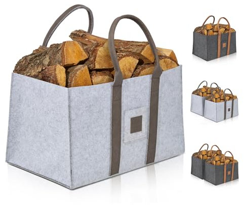 OAKAGE® Einkaufstasche Faltbar Filztasche Shopper Holzkorb für Kaminholz Groß Kaminholzkorb Filzkorb Feuerholzkorb Brennholzkorb Kaminkorb Kaminholztasche | Korb Hellgrau