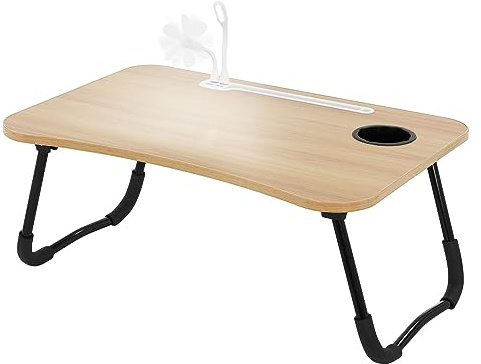 ML-Design Laptopbord för säng/soffa, träutseende 60x40cm, hopfällbart sängbord, laptopbord med 4 USB-laddningsportar, låda, USB-lampa, fläkt, surfplatteställ, dryckeshållare, laptopställ Lapdesk