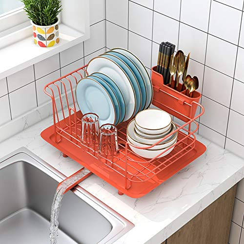Dish Drying Rack,Sink Dish Rack With Removable Plastic Cutlery Tray,Multifunction Dish Drainer With Cup Holder Red