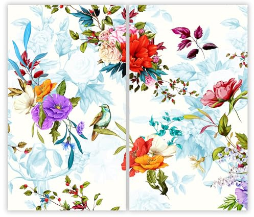 SMTDeco Herdabdeckplatte 2×30×52 cm – Mehr Arbeitsfläche, Spritzschutz & Schneidebrett – ESG Glas, kratzfest – für Induktion/Ceranfeld – 2-teilig, Motiv Vogel Blumen Rot