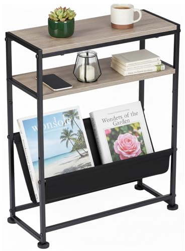 ZEXVIDA Beistelltisch Schmal 18cm, Sofatisch mit Zeitungsständer, Kleiner Nachttisch mit 3 Ebenen für Wohnzimmer, Schlafzimmer & kleine Räume, Industriedesign, Vintagebraun 43,2 x 18 x 55 cm
