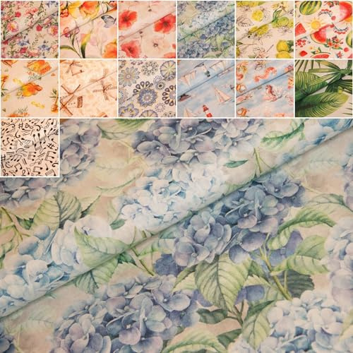 Generisch Dekostoffe Bedruckt Meterware - maritimer Stoff, Heimtextilien Blumen, Baumwoll Mischgewebe - Ottomanestoff - Frühlingstoffe *Ab 50cm, Farbe: 022 Hortensie blau
