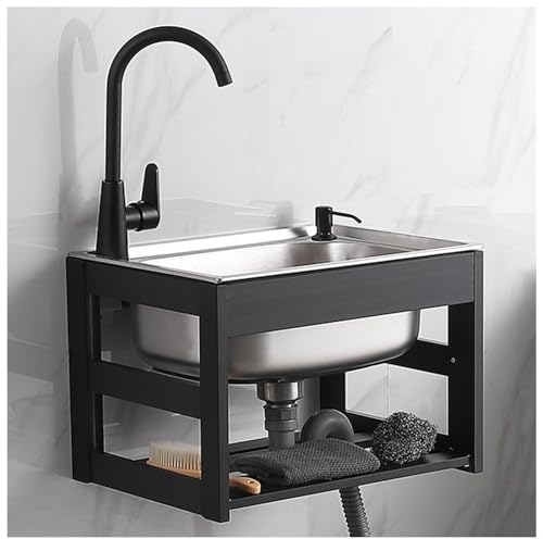 Edelstahl-Spüle Wandmontage-Spülbecken, Küche einfache Spülbecken haltbare Aluminiumhalterung, Kommerzielles Handwaschbecken mit Wasserhahn, Platzsparende Waschstation Spüle Garage Kleine Spüle
