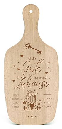 Dekolando Geschenk zum Einzug Schneidebrett graviert - Alles Gute im neuen Zuhause Neues Haus Richtfest Einweihungsgeschenk 34x15cm