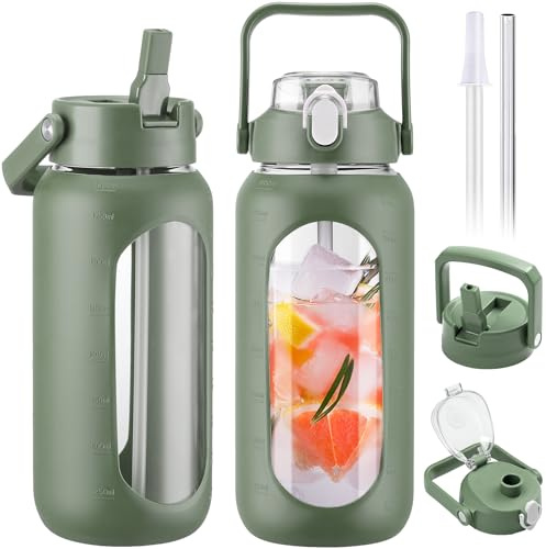 BLUEGO 2000ml Glasflasche mit 2 Deckeln Klappdeckel und Ausgießer Deckel Wasserflasche mit Strohhalm 2L große Trinkflasche mit Zeitmarkierungen für Zuhause Büro Auslaufsicher, Olive