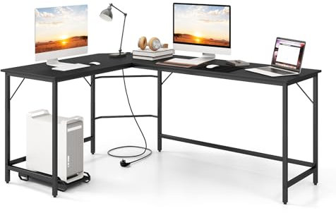 COSTWAY L-format skrivbord med uttag och CPU-stativ, hörnskrivbord, hörnbord, datorbord, kontorsbord för hemmakontor, 168 x 125 x 74,5 cm (svart)