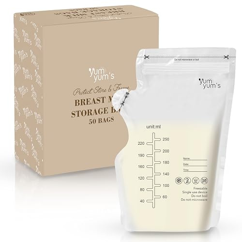 Yum Yum's 50 Pcs x 250ml Breast Milk Storage Bags - Disposable No-Leak Pouches w/Secure Double Zipper Seal & Pour Spout - Pre-Sterilised Freezer Bags - Easy Labeling for Date & Volume