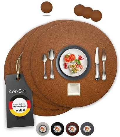 Lederfabrik Garnier® Tischsets Abwaschbar 4er-Set – Nachhaltig, Stabil & rutschfest – Edles recyceltes Leder, Made in Germany (Rund, Bison)