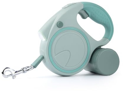 Laisse rétractable pour chien avec LED, extensible pour chiens de petite et moyenne taille jusqu'à 25 kg, poignée antidérapante et support amovible pour sac à déjections canines (vert)