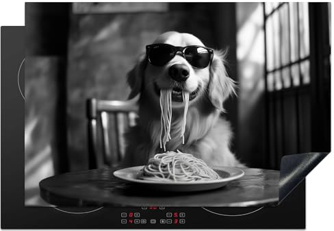 KitchenYeah© Protège Plaque Induction 78x52 cm Deco Cuisine Accessoire Pratique Protection De Vitroceramique Kitchen Gadget Golden Retriever - Chien - Gai - Assiette Spaghetti - Noir - Blanc