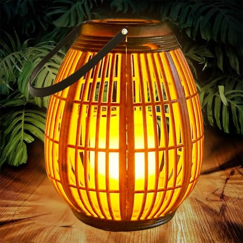 Joycome Solar Lanterns for Garden, Hanging Solar Lights Outdoor with Flickering Candle, Large Garden Ornaments Waterproof Wood-Look Plastic Table Lamp for Birthday Gifts Balcony Vintage Decoration
