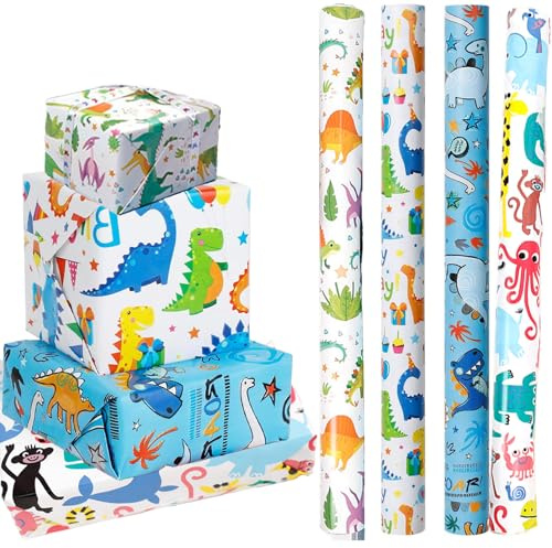 Yolistar 4 Rollos de Papel de Regalo de 43 cm X 300 cm, Papel de Regalo de Feliz Cumpleaños Reutilizable, Regalo de Dinosaurio, Adecuados Para Cumpleaños, Fiestas, Decoraciones Navideñas