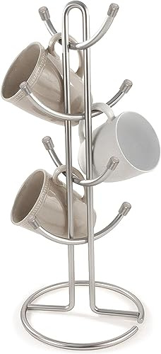 FitWell Mugs Holder, Mug Tree, Coffee Mug Holder, Coffee Mug Tree, Mug Organizer for Cabinet, Mug Holder Stand, Coffee & Tea Cup Storage Rack (Satin Nickel, 8 Mugs Holder (17.5H))