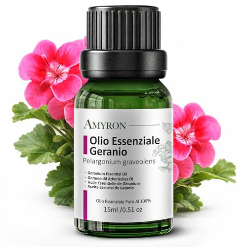 Olio Essenziale Geranio 15ml AMYRON | Pelargonium Graveolens | Naturale E Puro Al 100% Ideale Per Aromaterapia E Uso Terapeutico | Diffusore | Massaggi | Uso Alimentare Senza OGM | Made in Italy