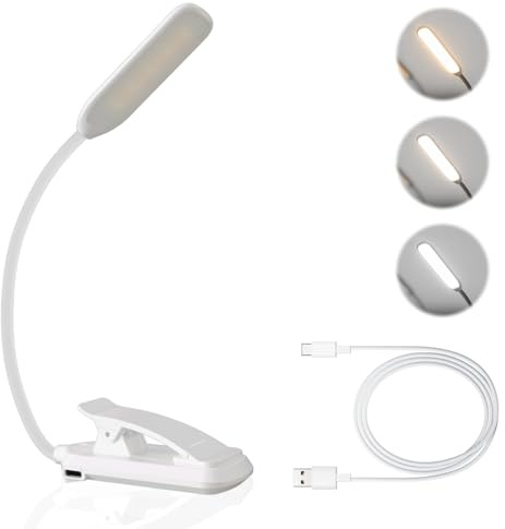 LUTW Leselampe Buch Klemme, USB Wiederaufladbare Buchlampe Klein, Weiß | 3 Farbtemperatur Modi Dimmbare Helligkeit, 360° Flexibel Leselicht Klemmleuchte für Bett, Schreibtisch und Reisen