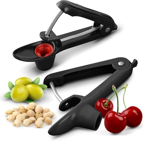 Cheer Collection Stainless Steel Cherry and Olive Pitter – Small Cherry Pitter Tool for Easy Seed Removal, Pit Remover & Olive Press, Ergonomic One-Hand Design for Quick and Mess-Free Pitting,Black