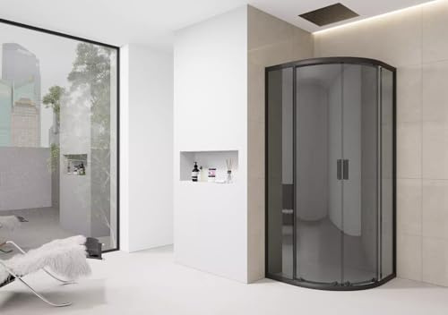 Quadrant Shower Enclosure Black Tinted Screen Grey Walk in Cubicle Sliding Door Entry Shower Tray (900mm Enclosure and 900mm Tray)