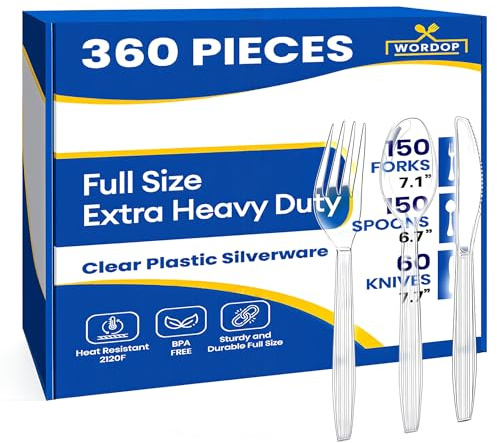 360 Count Extra Heavy Duty Plastic Silverware Set – Heat Resistant & BPA Free Disposable Silverware Cutlery 150 Forks, 150 Spoons, 60 Knives – Clear Premium Plastic Utensils for Parties & Events