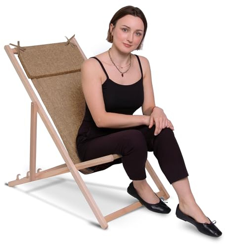 DreamRoots Liegestuhl Holz Kopfstütze Leinenoptik, Cinnamon