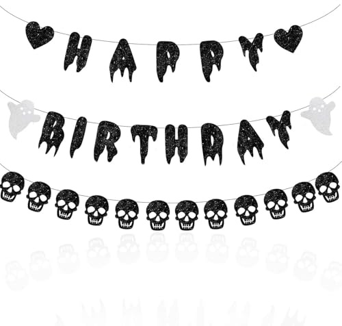 ZWLIYCHN Schwarz Glitter Geburtstag Gothic Banner Schädel Geist Halloween Girlande Happy Birthday Dekorationen für Halloween Schwarz Schrei Gothic Funeral Theme Party