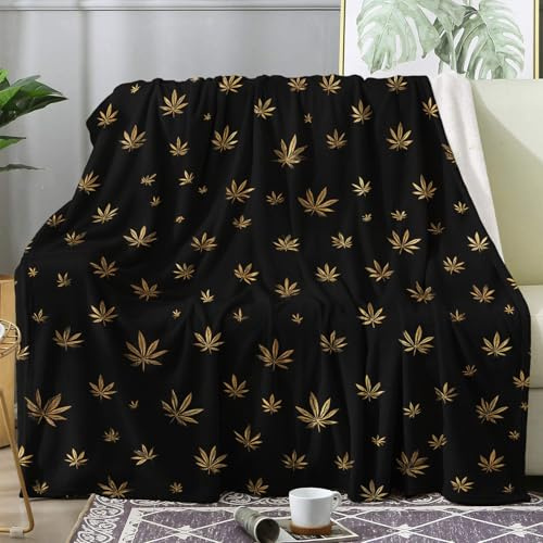 zcwl Black and Gold Leaf Blanket Queen Size, Cannabis Weed Fleece Throw Blanket for Couch Bed Sofa, Botanical Patterned Blankets and Throws, Super Soft Cozy Plush Flannel Blanket, 90x90, Decor & Gift