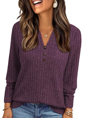 Famulily Womens V Neck Knit Tunic Tops Long Sleeve Lightweight Rib Jumpers Autumn Smart Longline Button Sweater for Leggings