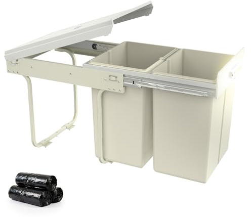 Soontrans Cubo de Basura Cocina Extraible, Cubo Basura Extraible Bajo Fregadero con Guías Telescópicas, Tapa, 2 x 20 L Contenedores de Reciclaje, Acero y plástico, Fácil Montaje (Blanco)
