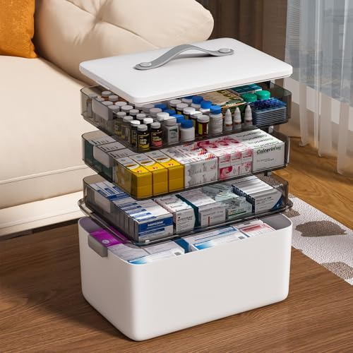 MOPUP Contenitore per medicinali a quattro strati, 37 x 23 x 32 cm, con maniglia per il trasporto, organizzatore multifunzione per farmaci, grande capacità.