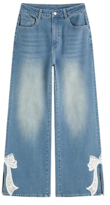 CIDER Baggy Wide Leg Jeans for Women Middle Waisted Y2k Straight Leg Bow Jeans Denim Pants with Pockets