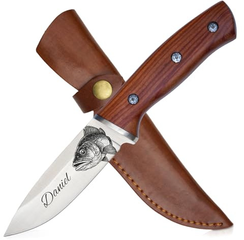 ADAM WILD Angelmesser mit Gravur | personalisiertes Geschenk für Männer | Anglermesser mit Wunschname & Motiv graviert | Klinge aus Edelstahl | Holzgriff & Lederscheide | für Angler, Outdoor & angeln