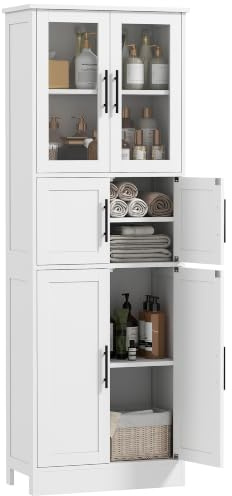HOMCOM Meuble de Salle de Bain 6 Niveaux 60 x 30 x 170 cm Blanc | Meuble de Rangement, 6 Portes dont 2 Vitrées, Étagères Réglables, Style Moderne, Armoire de Cuisine, Salon, Salle de Bain