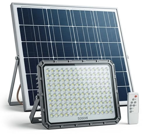 081 Store - Faro LED Esterno con Pannello Solare 5000W, IP66 Impermeabile, 320 LED, Luce Bianca 6500K, Telecomando, Autonomia 12 Ore
