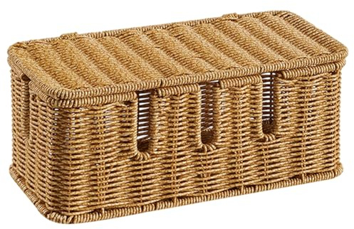 Förlängning blybox kabelbox |Kabelprydlig, rottingvävd hantering med lock och 5 dedikerade platser, 30 x 14 x 12,7 cm under skrivbordet, uttagsorganiserare för att dölja TV-ledningar
