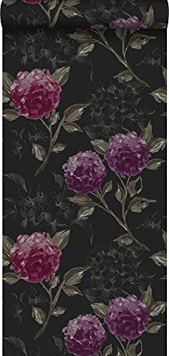 papier peint hortensias noir et violet aubergine 53 cm x 10.05 m - ESTAhome